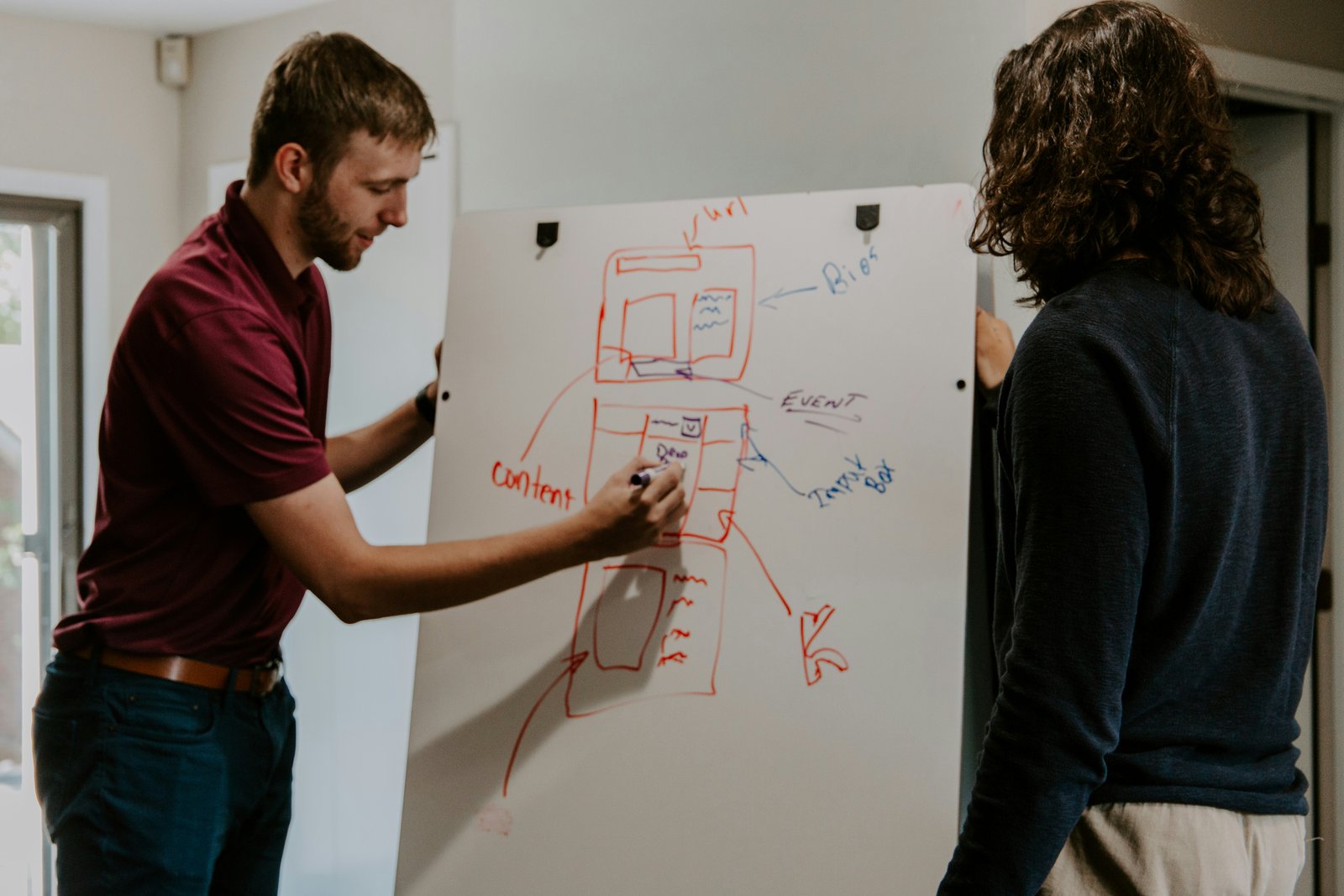 Two contractors mapping out an AI voice agent call flow and CRM booking workflow on a whiteboard